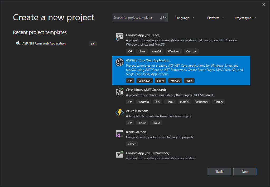 Visual Studio 2019 Create new web project